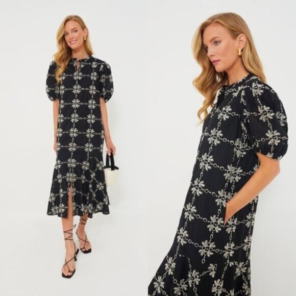 Tuckernuck NEW Black Eyelet Lewis Puff Sleeve Embroidered Maxi Dress Size M - Picture 1 of 11